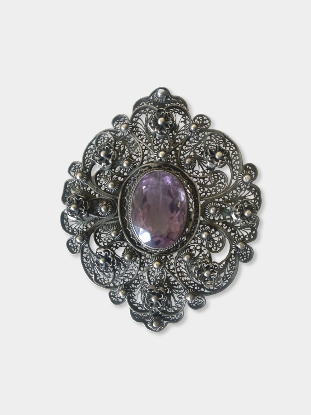 Sterling silver  Filigree Brooch w/ Large Purple Glass Stone – Victorian Revival